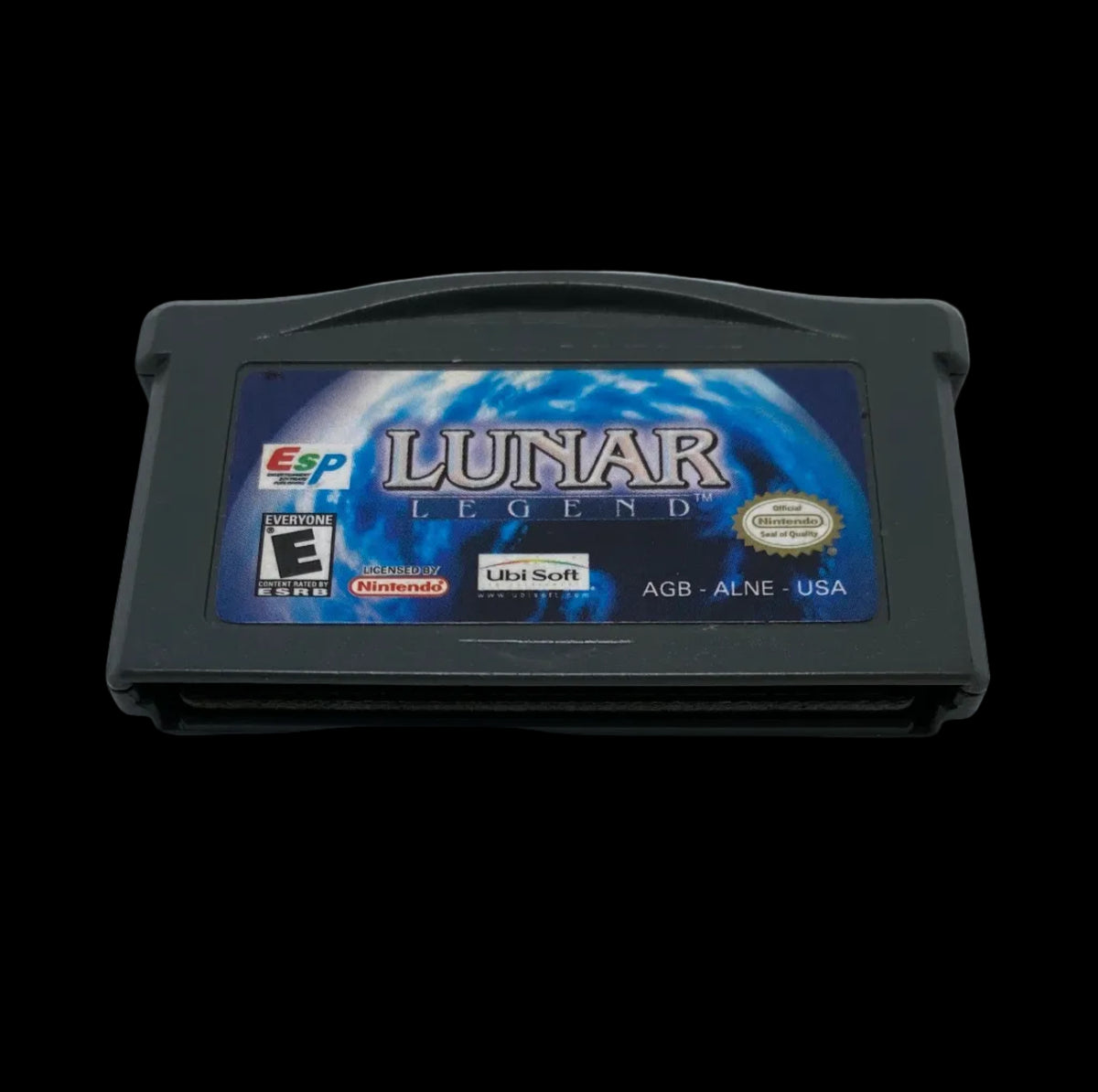 A Nintendo Game Boy game cartridge for 'Lunar Legend' resting on a plain light gray surface.