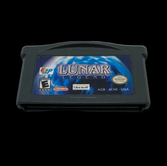 A Nintendo Game Boy game cartridge for 'Lunar Legend' resting on a plain light gray surface.